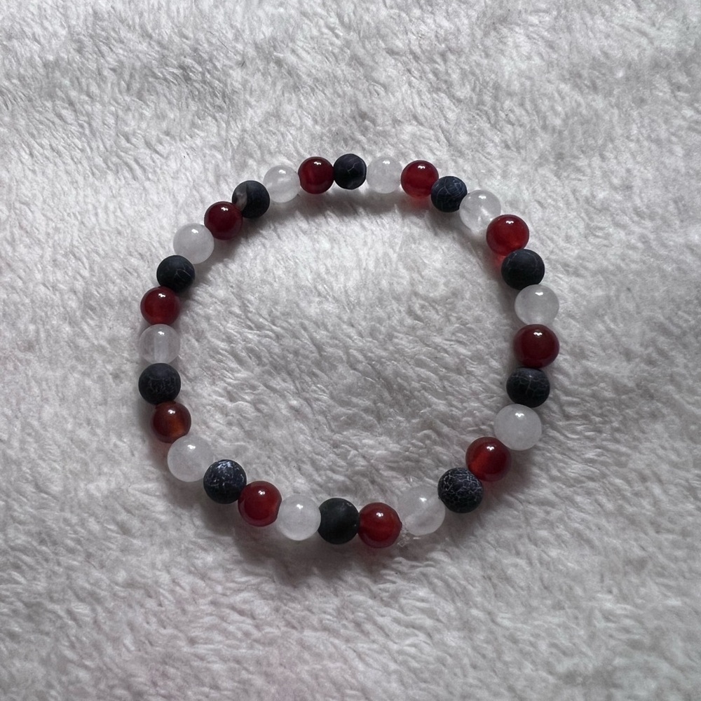 Handmade Edgy Red Agate, Weathered Agate, & White Jade Beaded Bracelet, Size 7”